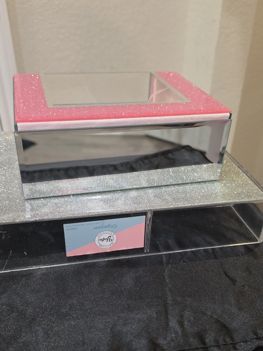 At Home Pink Glitter Mirrored Decorative Jewelry Organizer Box